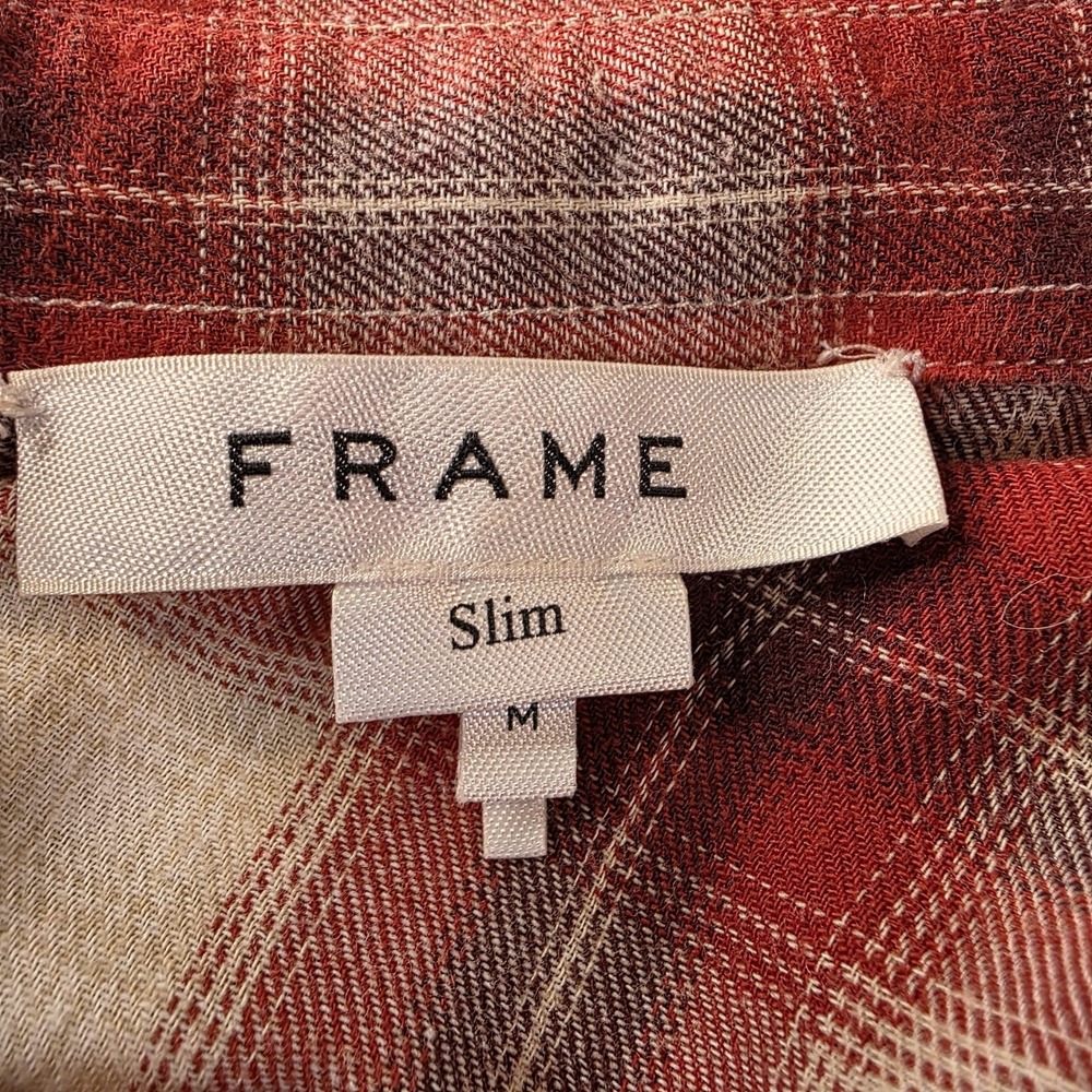 FRAME Slim Plaid Flannel Shirt Red Cream‎ Distressed Hem Button Up Medium - Picture 6 of 10